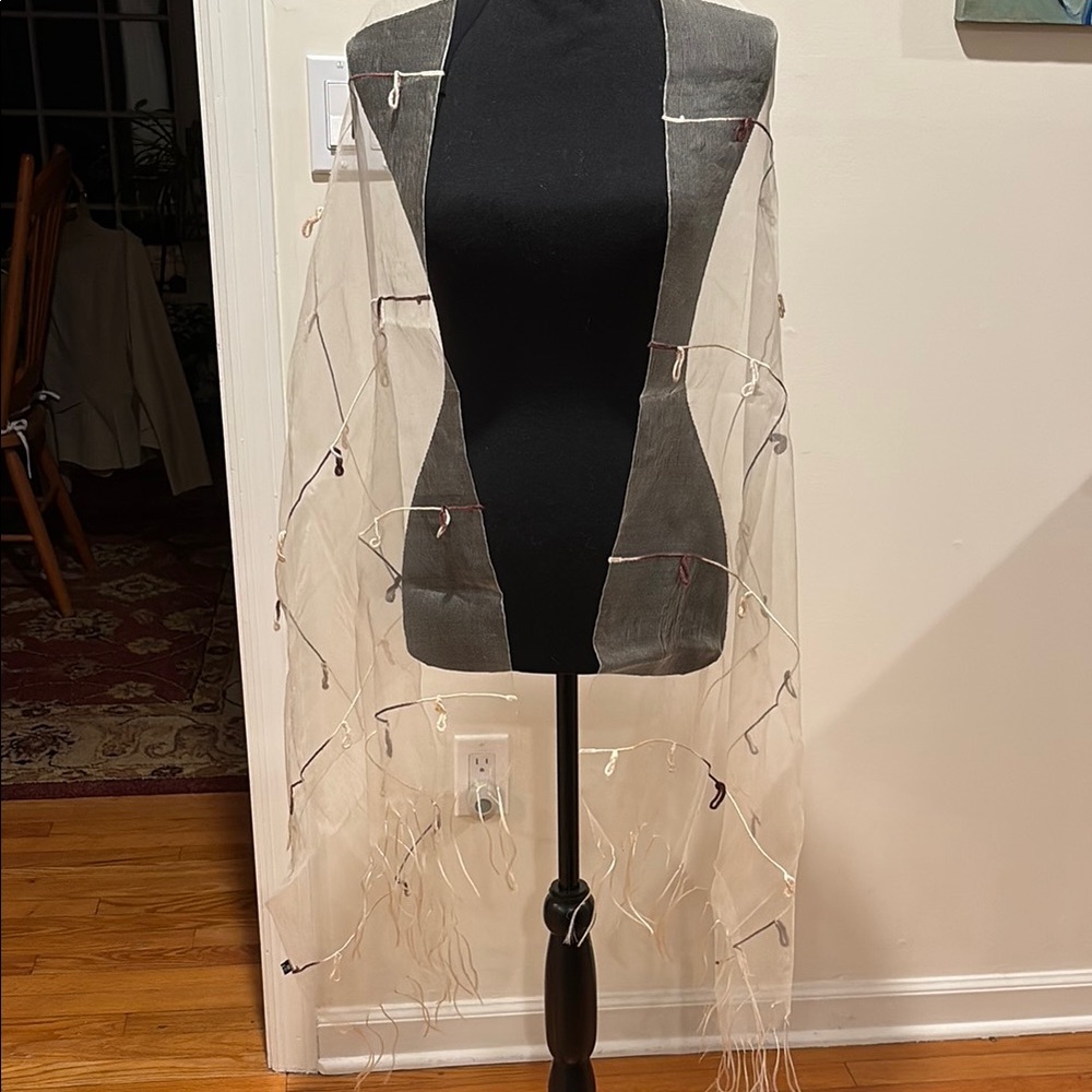 Elegant Sheer Cream Shawl with Fringe